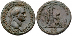 Vespasian. &AElig; Sestertius (28.46 g), AD 69-79. Judaea Capta type. Rome, AD 71. IMP CAES VESPASIAN AVG P M TR P P P COS III, laureate head of Vespa...