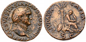 Vespasian. &AElig; As (10.74 g), AD 69-79. Judaea Capta type. Lugdunum, AD 77/8. IMP CAES VESPASIAN AVG COS III P P, laureate head of Vespasian right....