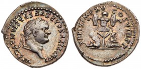 Titus. Silver Denarius (3.21 g), AD 79-81. Rome, AD 80. IMP TITVS CAES VESPASIAN AVG P M, laureate head of Titus right. Rev. TR P IX IMP XV COS VIII P...