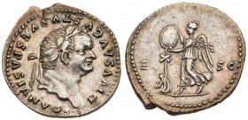 Divus Vespasian. Silver Denarius (3.40 g), died AD 79. Judaea Capta commemorative. Rome, under Titus, AD 80/1. DIVVS AVGVSTVS VESPASIANVS, laureate he...