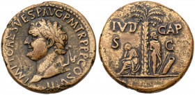 Titus. &AElig; (orichalcum) Sestertius (23.90 g), AD 79-81. Judaea Capta type. Rome, AD 80. IMP T CAES VESP AVG P M TR P COS VIII, laureate head of Ti...
