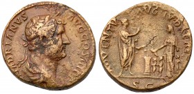 Hadrian. &AElig; As (13.18 g), AD 117-138. Rome, AD 134-138. HADRIANVS AVG COS III P P, laureate and draped bust of Hadrian right. Rev. ADVENTV-I AVG ...