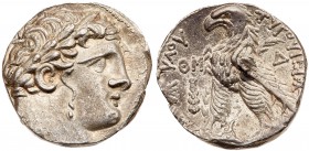 Phoenicia, Tyre. Silver Shekel (14.53 g), ca. 126/5 BC-AD 65/6. CY 49 (78/7 BC). Laureate bust of Melkart right, lion's skin tied at neck. Rev. TYPOY ...