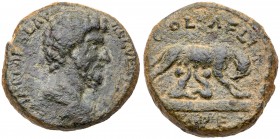 Judaea, Aelia Capitolina (Jerusalem). Lucius Verus. &AElig; 30 (32.31 g), AD 161-169. Bare-headed, draped, and cuirassed bust of Lucius Verus right. R...