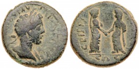 Judaea, Aelia Capitolina, Commodus, with Lucilla and Crispina. &AElig; 29 (23.09 g), AD 177-192. (Jerusalem) in Judaea. [IMP CA]E AV-R[E COMMODVS AVG]...