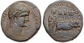 Phoenicia, Ake-Ptolemais. Nero. &AElig; (13.26 g), AD 54-68. Laureate head right; in right field, star-in-crescent. Rev. Emperor, as founder, plowing ...