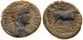 Samaria, Caesarea Maritima. Hadrian. &AElig; (19.63 g), AD 117-138. Laureate, draped and cuirassed bust of Hadrian right. Rev. Emperor, as pontiff, pl...