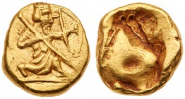 Achaemenid Kingdom. Xerxes II to Artaxerxes II. Gold Daric (8.35 g), ca. 420-375 BC. Persian king or hero in kneeling-running stance right, quiver at ...