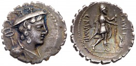 C. Mamilius C.f. Limetanus. Silver Denarius (3.74 g), 82 BC. Rome. Draped bust of Mercury right, wearing winged petasus; behind, A above caduceus. Rev...