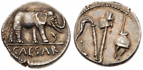 Julius Caesar. Silver Denarius (4.01 g, 4h). Traveling Italian mint, 49-48 BC. Traveling Italian mint, 49-48 BCCAESAR, elephant right, trampling on dr...