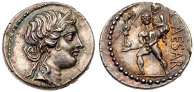 Julius Caesar. Silver Denarius (3.93 g, 6h). Traveling mint in Asia, 47-46 BC. Diademed head of Venus facing right. Rev. CAESAR, Aeneas advancing left...