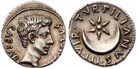 Augustus. Silver Denarius (4.08 g, 2h), 27 BC - AD 14. Mint of Rome, struck by P. Petronius Turpilianus, 19 B.C. AVGVSTVS CAESAR, bare head facing rig...