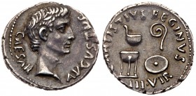 Augustus. Silver Denarius (3.85 g, 9h), 27 BC - AD 14. Mint of Rome, 13 B.C. AVGVSTVS CAESAR, bare head facing right. Rev. C ANTISTIVS REGINVS, simpul...