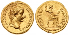 Tiberius. Gold Aureus (7.82 g, 6h), AC 14-37. Mint of Lugudnum. TI CAESAR DIVI AVG F AVGVSTVS, laureate head facing right. Rev. PONTIF MAXIM, Female f...
