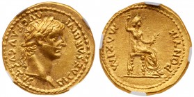 Tiberius. Gold Aureus (7.72 g), AD 14-37. 'Tribute Penny' type. Lugdunum, AD 18-35. TI CAESAR DIVI AVG F AVGVSTVS, laureate head of Tiberius right. Re...