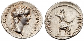 Tiberius, AD 14-37. Silver Denarius (3.78g). Mint of Lugudnum. TI CAESAR DIVI AVG F AVGVSTVS, laureate head of Tiberius right. Rev. PONTIF MAXIM, Livi...