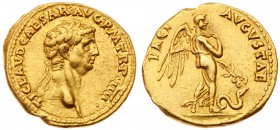 Claudius. Gold Aureus (7.78 g, 6h), AD 41-54. Mint of Rome, A.D. 44-5. TI CLAVD CAESAR AVG P M TR P IIII, laureate head facing right. Rev. PACI AVGVST...