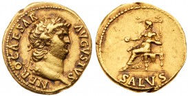 Nero. Gold Aureus (7.31 g, 7h), AD 54-68. Mint of Rome, A.D. 65-6. NERO CAESAR AVGVSTVS, laureate head facing right. Rev. SALVS, Salus seated left on ...