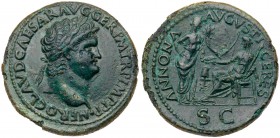 Nero. &AElig; Sestertius (22.31 g), AD 54-68. Lugdunum, ca. AD 65. NERO CLAVD CAESAR AVG GER P M TR P IMP P P, laureate head of Nero right, globe at p...