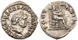 Vitellius. Silver Denarius (3.49 g), AD 69. Rome. A VITELLIVS GERM IMP AVG TR P, laureate head of Vitellius right. Rev. PONT MAXIM, Vesta, veiled, sea...