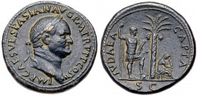 Vespasian. &AElig; Sestertius (26.38 g), AD 69-79. 'Judaea Capta' type. Rome, AD 71. IMP CAES VESPASIAN AVG P M TR P P P COS III, laureate head of Ves...