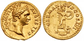 Domitian. Gold Aureus (7.56 g, 6h), AD 81-96. Mint of Rome, A.D. 92-4. DOMITIANVS AVGVSTVS, laureate head facing right. Rev. GERMANICVS COS XVI, Miner...
