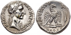 Nerva. Silver Tetradrachm (15.45 g), AD 96-98. Antioch in Syria, AD 96. AV NEPOVA&Sigma; KAI&Sigma; &Sigma;EB, laureate bust of Nerva right, wearing a...