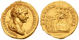 Trajan. Gold Aureus (7.27 g, 7h), AD 98-117. Mint of Rome, A.D. 116. IMP CAES NER TRAIAN OPTIM AVG GER DAC PARTHICO, laureate, draped and cuirassed bu...