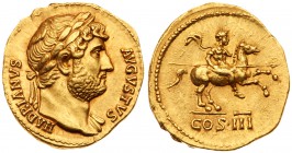 Hadrian. Gold Aureus (7.41 g, 6h), AD 117-138. Mint of Rome, A.D. 125-8. HADRIANVS AVGVSTVS, laureate bust facing right, light drapery on left shoulde...