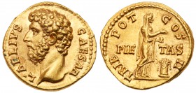 Aelius. Gold Aureus (7.14 g), Caesar, AD 136-138. Rome, under Hadrian, AD 137. L AELIVS CAESAR, bare head of Aelius left. Rev. TRIB POT COS II, PIE-TA...