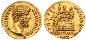 Lucius Verus. Gold Aureus (7.30 g, 12h), AD 161-169. Mint of Rome, A.D. 163-4. L VERVS AVG ARMENIACVS, bare head facing right. Rev. TR P III-I IMP II ...