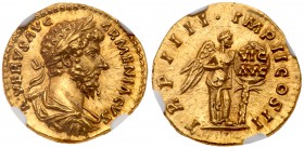 Lucius Verus. Gold Aureus (7.32 g), AD 161-169. Rome, AD 163/4. L VERVS AVG ARMENIACVS, laureate, draped and cuirassed bust of Lucius Verus right. Rev...