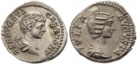 Julia Domna, with Geta, as Caesar. Silver Denarius (2.91 g), Augusta, AD 193-217. Rome, under Septimius Severus and Caracalla, AD 201/2. IVLIA AVGSTA,...