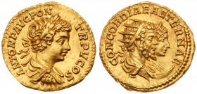 Caracalla, with Septimius Severus and Julia Domna. Gold Aureus (7.36 g, 6h), AD 198-217. Mint of Rome, A.D. 202. ANTON P AVG PON TR P V COS, laureate,...