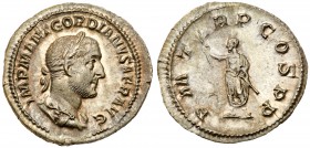 Gordian I. Silver Denarius (2.94 g, 6h), AD 238. Mint of Rome. IMP M ANT GORDIANVS AFR AVG, laureate and draped bust facing right. Rev. P M TR P COS P...
