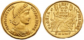 Constantius II. Gold Solidus (4.40 g, 6h), AD 337-361. Mint of Antioch, A.D. 347-55. FL IVL CONSTAN-TIVS P F AVG, pearl and rosette-diademed, draped a...