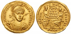 Constantius II. Gold Solidus (4.52 g, 12h), AD 337-361. Mint of Nicomedia, A.D. 351-5. FL IVL CONSTAN-TIVS PERP AVG, pearl-diademed, helmeted and cuir...