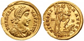 Arcadius. Gold Solidus (4.47 g, 6h), AD 383-408. Mint of Mediolanum, A.D. 394-5. D N ARCADI-VS P F AVG, pearl-diademed, draped and cuirassed bust faci...