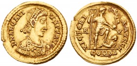 Arcadius. Gold Solidus (4.49 g, 6h), AD 383-408. Mint of Ravenna, c. A.D. 402-6. D N ARCADI-VS P F AVG, pearl-diademed, draped and cuirassed bust faci...