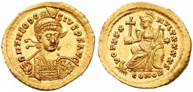 Theodosius II. Gold Solidus (4.50 g, 6h), AD 402-450. Mint of Constantinople, A.D. 430-40. D N THEODO-SIVS P F AVG, pearl-diademed, helmeted and cuira...