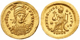 Theodosius II. Gold Solidus (4.51 g, 6h), AD 402-450. Mint of Constantinople, A.D. 441-50. D N THEODOSI-VS ? P?F ? AVG, pearl-diademed, helmeted and c...