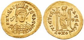 Leo I. Gold Solidus (4.46 g, 6h), AD 457-474. Mint of Rome, A.D. 462/6. D N LEO PE-RPET AVG, pearl-diademed, helmeted and cuirassed bust facing, sligh...