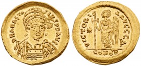 Anastasius I (A.D. 491-518). Gold Solidus (4.48 g, 6h). Mint of Constantinople. D N ANASTA-SIVS P P AVG, pearl-diademed, helmeted and cuirassed bust f...