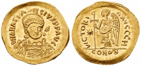 Anastasius I (A.D. 497-518). Gold Solidus (4.47 g, 6h). Mint of Constantinople. D N ANASTA-SIVS PP AVG, pearl-diademed, helmeted and cuirassed bust fa...