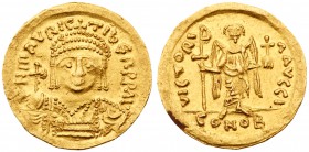 Maurice Tiberius (A.D. 582-602). Gold Solidus (4.37 g, 6h). Mint of Constantinople. D N MAVRIC TibER PP AV, crowned and cuirassed bust facing, holding...
