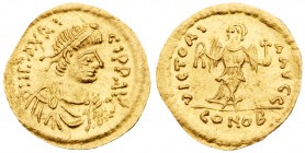 Maurice Tiberius (A.D. 582-602). Gold Semissis (2.26 g, 6h). Mint of Constantinople. D N MAVRI-CI PP AVG, pearl-diademed, draped and cuirassed bust fa...