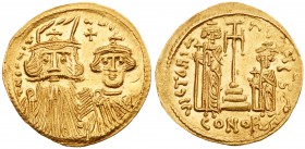 Constans II & Constantine IV (A.D. 654-668). Gold Solidus (4.45 g, 6h). Mint of Constantinople. dN CONST-ANI, facing busts of Constans, wearing a plum...