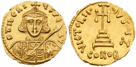 Tiberius III Apsimar (A.D. 698-705). Gold Solidus (4.40 g, 7h). Mint of Constantinople. D TibERI-US PE AV, crowned and cuirassed bust facing, holding ...