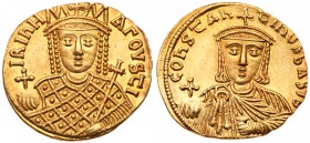 Irene. Gold Solidus (4.41 g), 797-802. Constantinople, 792-797. IRIhH A&Gamma;OЧSTI, crowned bust of Irene facing, wearing loros, holding globus cruci...