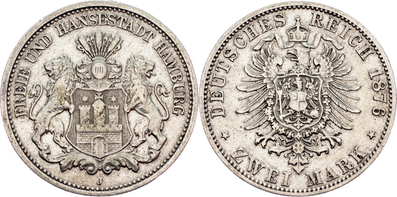 Free Hanseatic city of Hamburg, 2 Mark 1876, J Germany, Free Hanseatic city of H...